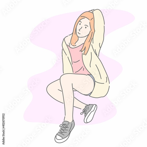 Woman sitting and sexy posing . Hand  drawn character style.