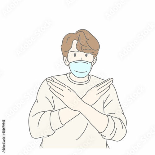 Man wearing mask and gesturing hand in no COVID-19 concept.
