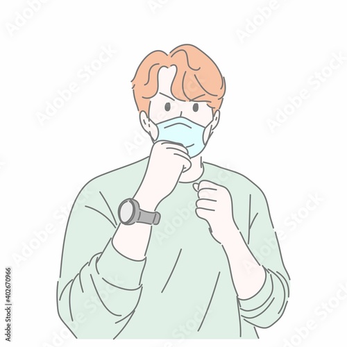 Man wearing medical mask and gesturing raise hand to guard in COVID-19 fight concept.