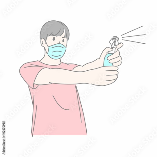 Man wearing medical mask and using alcohol spray to fight COVID-10 concept.