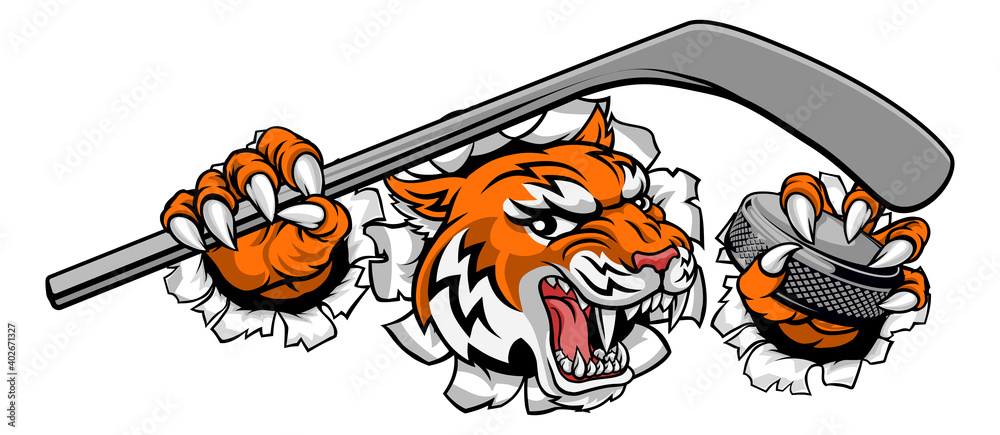 A tiger ice hockey player animal sports mascot holding a hockey stick and puck