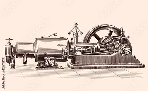 Photo Sketch of an old steam engine with a boiler, a flywheel and a piston mechanism