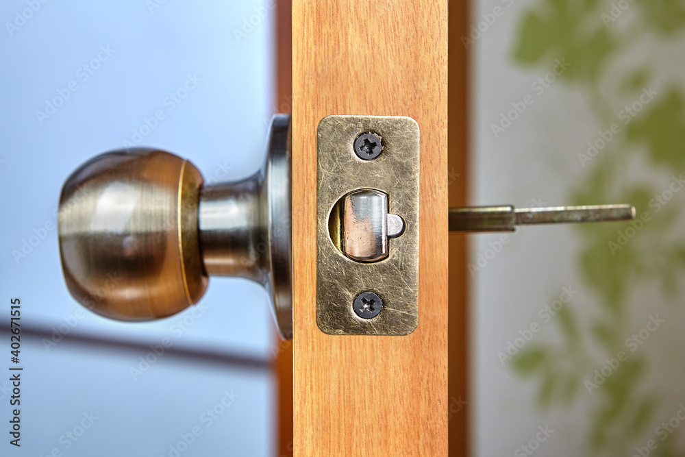 The spindle of the doorknob mechanism is visible from the back of the wooden interior door when the lock is installed.
