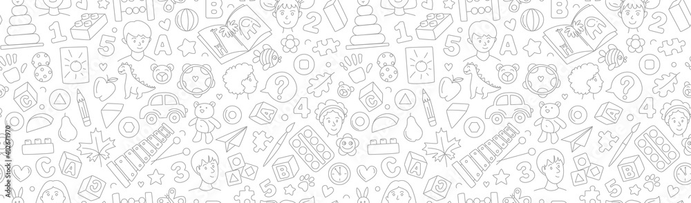 Preschool kindergarten Educational toys doodle line vector illustration seamless pattern.