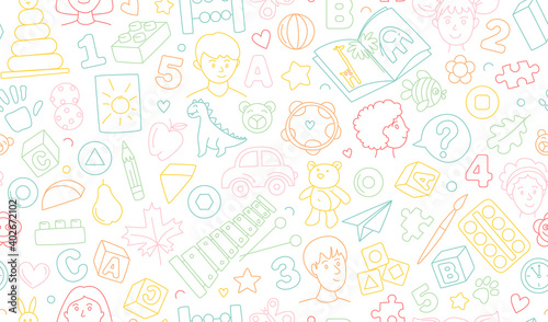 Preschool kindergarten Educational toys doodle line vector illustration seamless pattern.