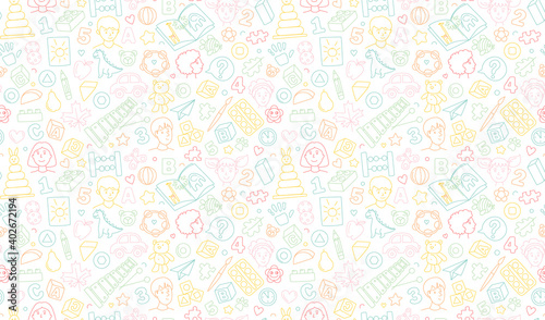 Preschool kindergarten Educational toys doodle line vector illustration seamless pattern.