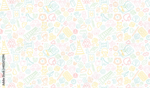 Preschool kindergarten Educational toys doodle line vector illustration seamless pattern.