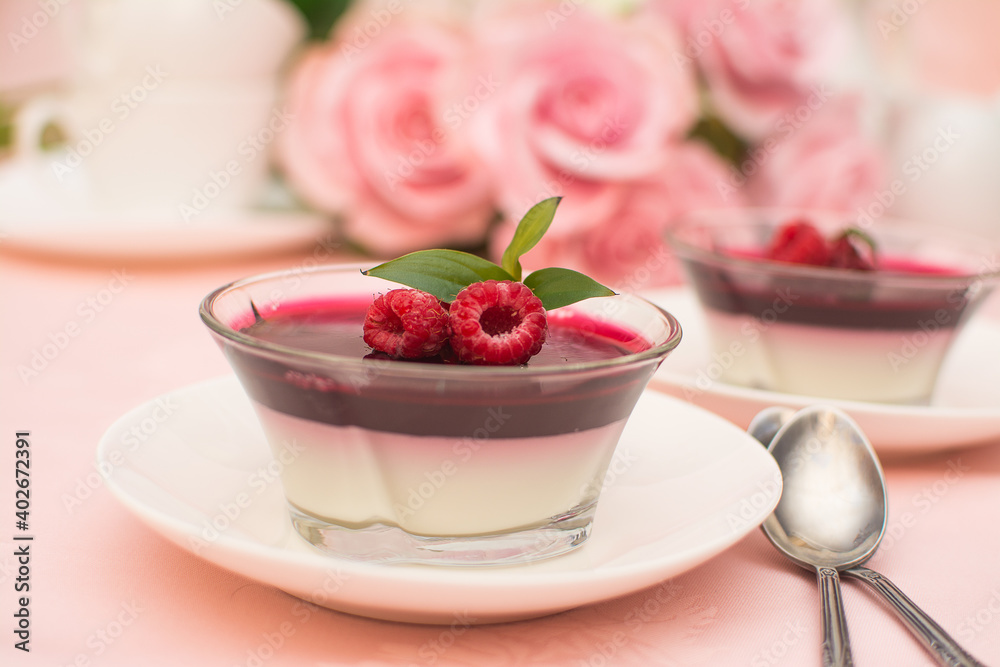Italian dessert panna cotta with berry sauce, fresh berries. Italian dessert panna cotta with berry sauce, fresh berries.
