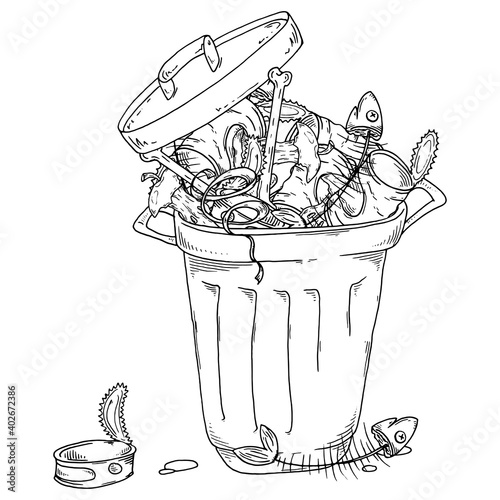 Overflowing trash can. Vector unsorted pile of garbage.