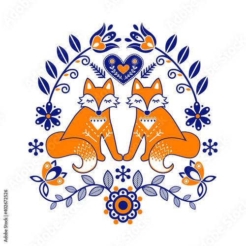 Scandinavian cute folk art with fox and flowers. Retro background inspired by Swedish and Norwegian traditional.