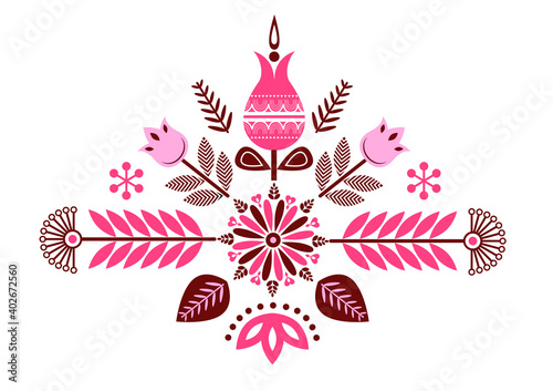 Scandinavian cute folk art with flowers. Retro background inspired by Swedish and Norwegian traditional.