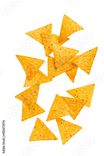 corn nachos chips or falling isolated on white background with clipping path.