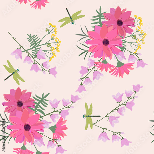 Seamless vector illustration with delicate dahlia, bells and dragonflies.
