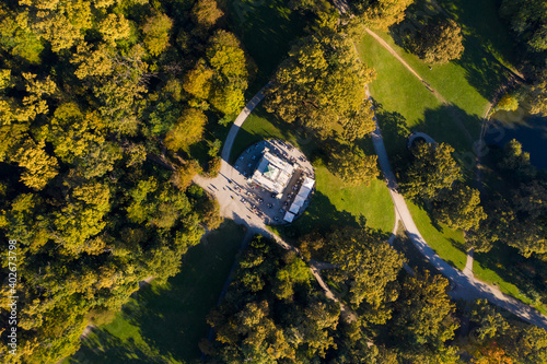 Aerial view above of Vidikovac cafe, at Maksimir park, Zagreb, Croatia.