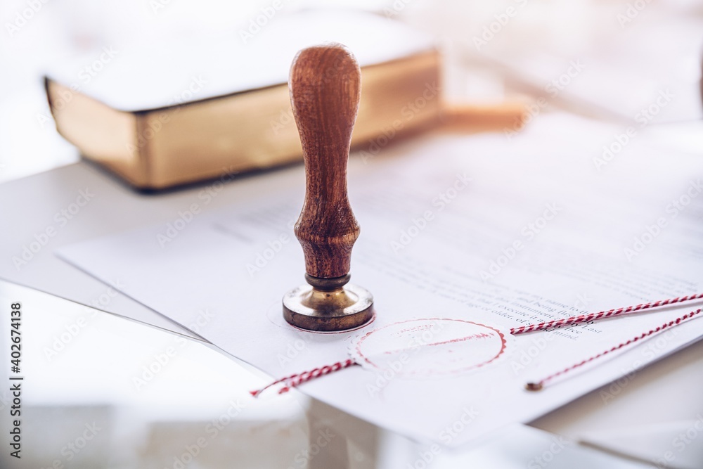 Notary stamp on the last will. A valid document certified by a notary.