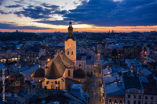 View on Latin Cathedral in Lviv, Ukraine at night from drone