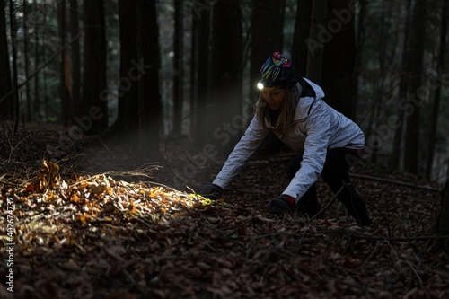 Obraz na płótnie Beauty tourist woman with headlight in the forest at dark w salonie