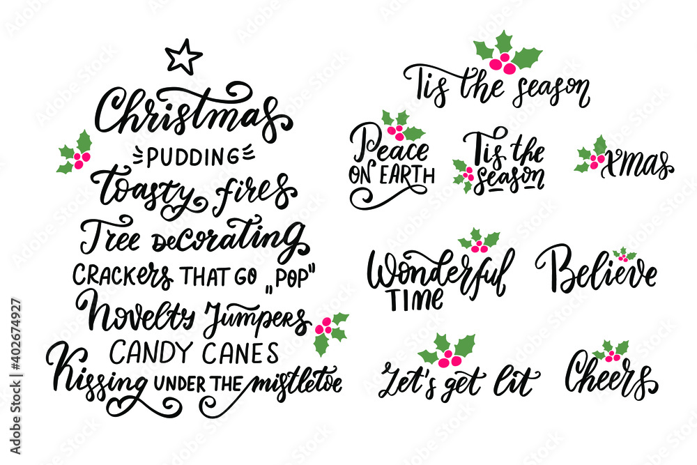 Christmas pudding, mistletoe kisses. Holidays wishes. Hand lettering holiday quote. Modern calligraphy. Greeting cards design elements phrase