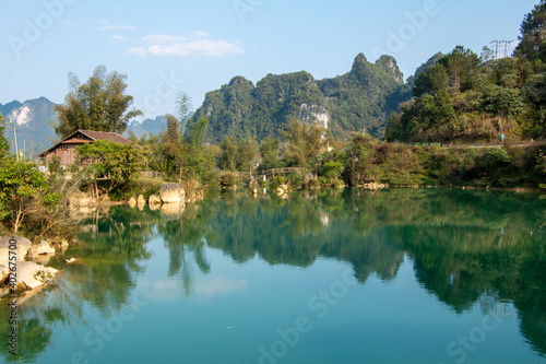 Mountains, hills and lake near Ban Gioc Waterfalls in Cao Bang Province in northern Vietnam
