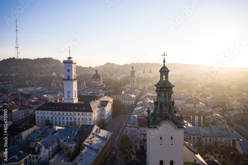 Aerial view on City Hall and Latin Cathedral in Lviv, Ukraine from drone