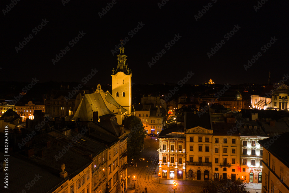 Obraz premium View on Latin Cathedral in Lviv, Ukraine at night from drone
