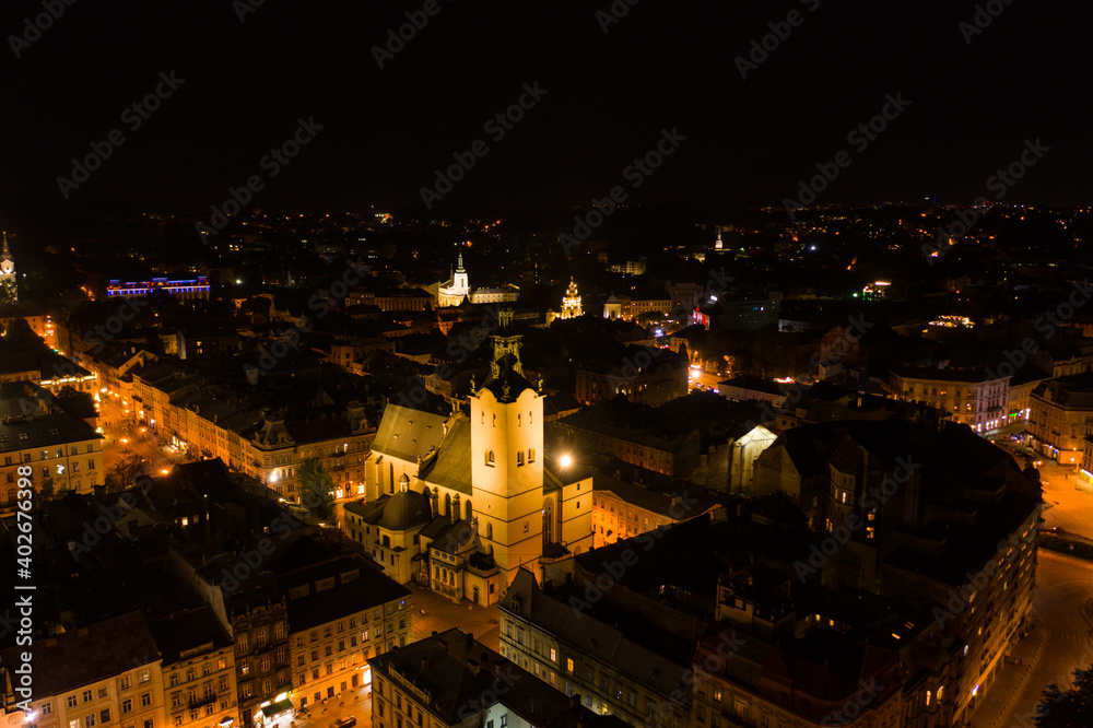 View on Latin Cathedral in Lviv, Ukraine  at night from drone