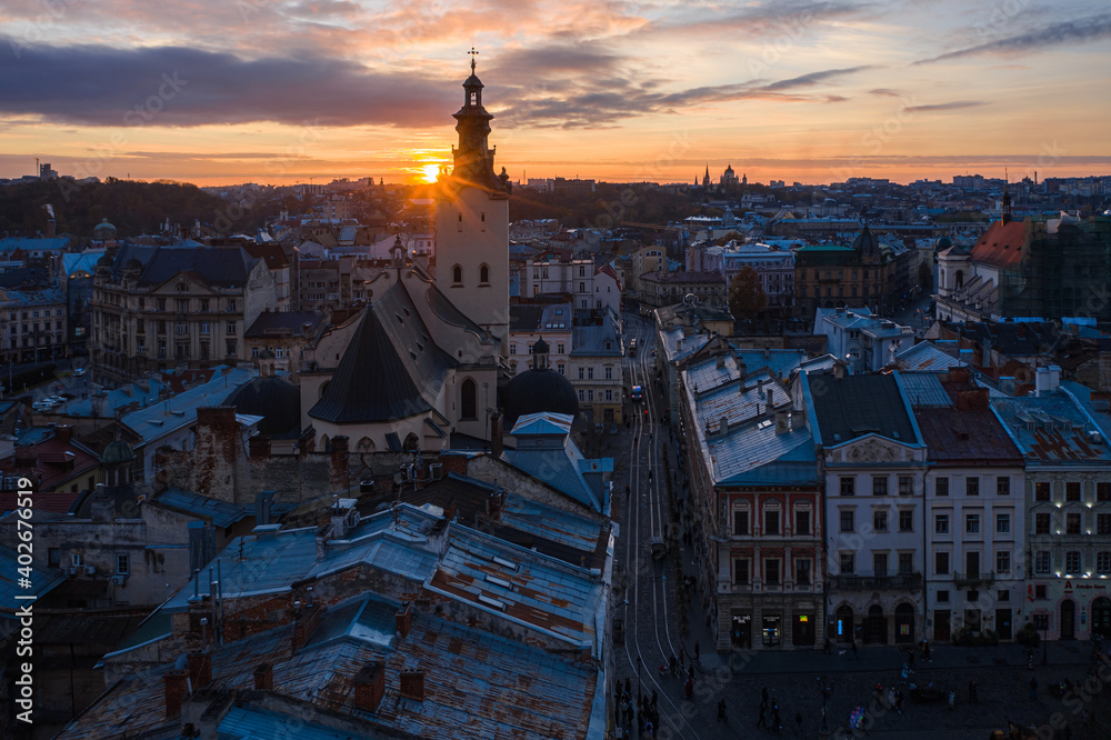 View on Latin Cathedral in Lviv, Ukraine  from drone