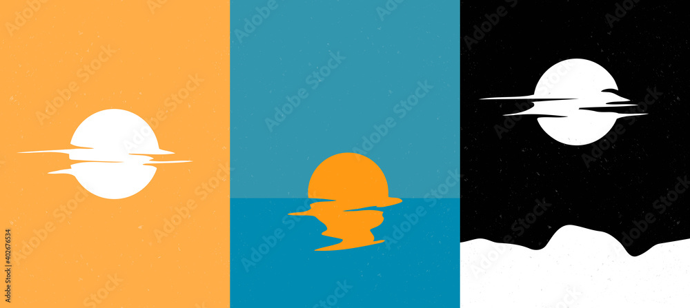 Vector illustration. Minimalist surreal poster collection. Sun reflection. Moon and clouds. Abstract backgrounds. Design for postcard, book cover, flyer, gift card. Travel and tourism concept Vector illustration. Minimalist surreal poster collection. Sun reflection. Moon and clouds. Abstract backgrounds. Design for postcard, book cover, flyer, gift card. Travel and tourism concept