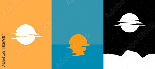 Vector illustration. Minimalist surreal poster collection. Sun reflection. Moon and clouds. Abstract backgrounds. Design for postcard, book cover, flyer, gift card. Travel and tourism concept