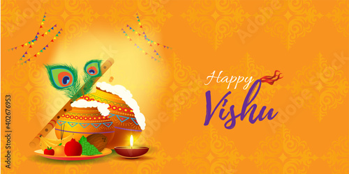 Vector illustration of Happy Vishu concept banner. kerala New Year, Indian hindu festival poster with vishu flowers and pots.
