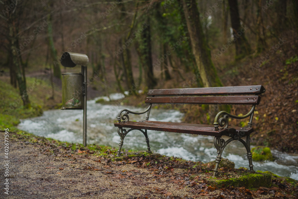 Lonely brown bench with metal railing and wooden planks in a forest, autumn setting, visible metal trash can next to the bench Lonely brown bench with metal railing and wooden planks in a forest, autumn setting, visible metal trash can next to the bench