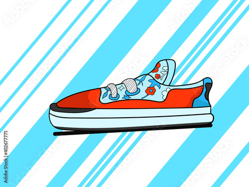 Cartoon hipster sneaker with flower pattern