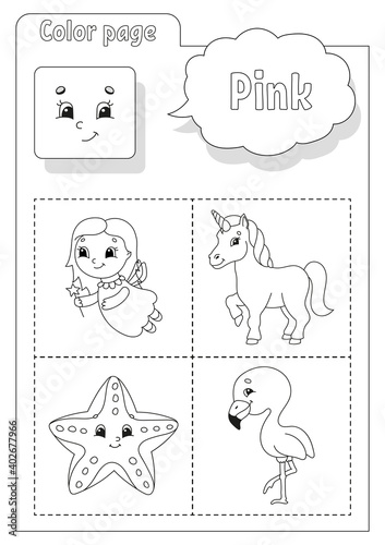 Coloring book. Learning colors. Flashcard for kids. Cartoon characters. Picture set for preschoolers. Education worksheet. Vector illustration.