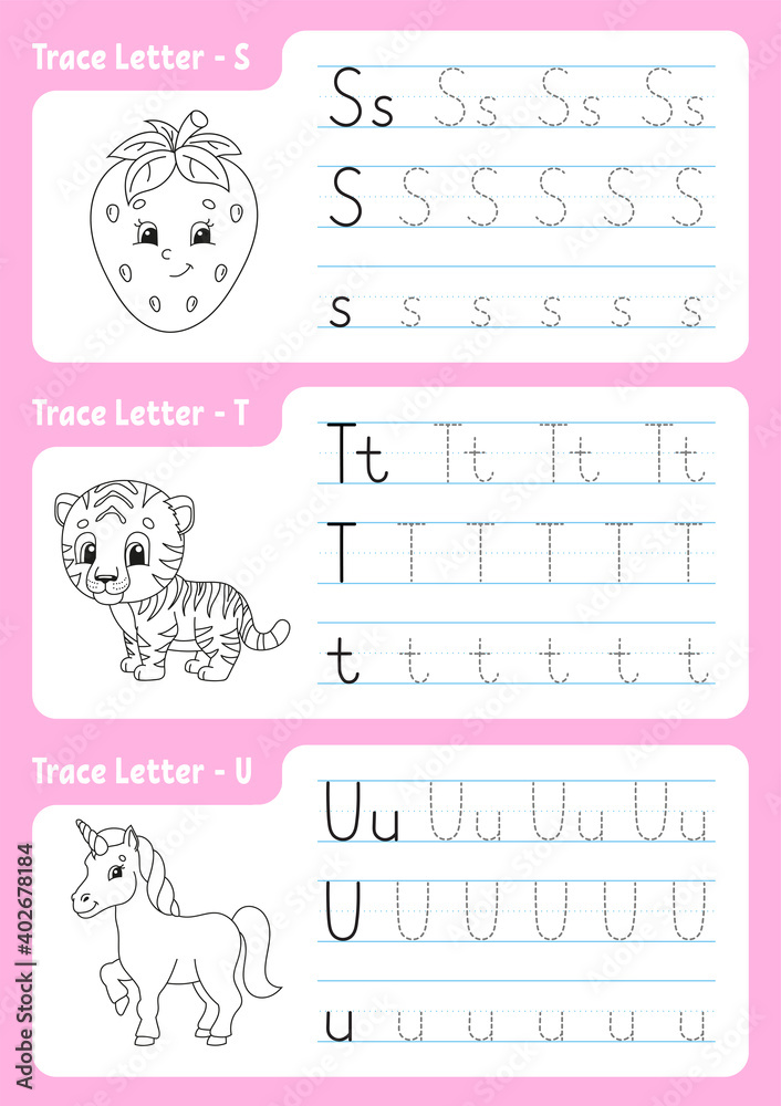 Writing letters. Tracing page. Worksheet for kids. Practice sheet. Learn alphabet. Cute characters. Vector illustration. Cartoon style. Writing letters. Tracing page. Worksheet for kids. Practice sheet. Learn alphabet. Cute characters. Vector illustration. Cartoon style.