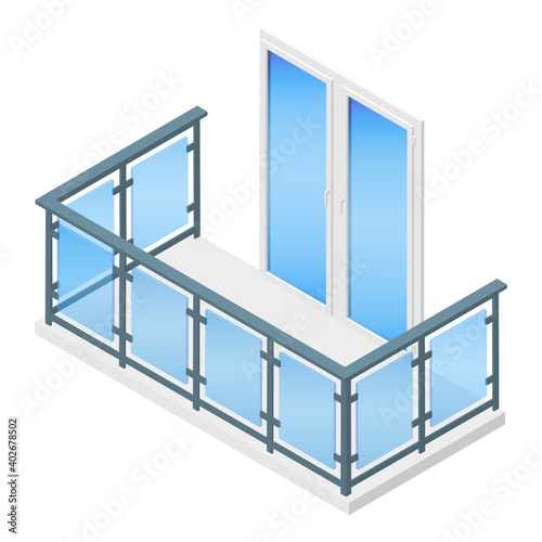 Isometric vector illustration balcony with metal and glass railing isolated on white background. Modern balcony vector icon in flat cartoon style. Metal plastic PVC laminated wood grain balcony doors.