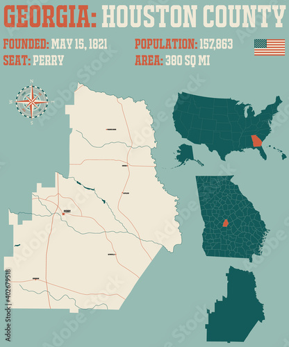 Large and detailed map of Houston county in Georgia, USA.