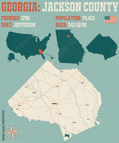 Large and detailed map of Jackson county in Georgia, USA.