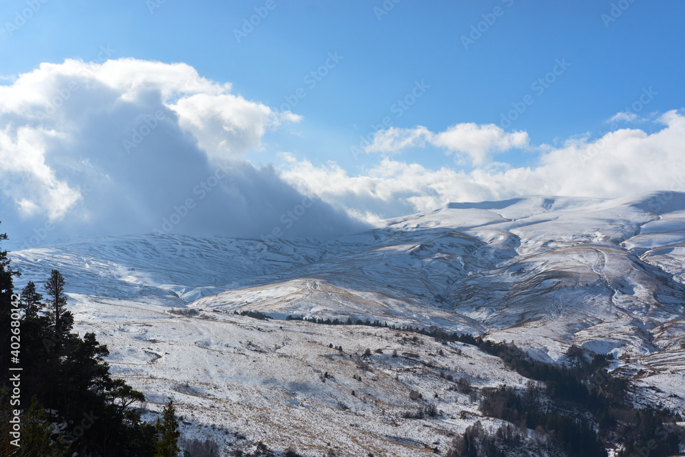 Obraz premium Caucasian Reserve of Russia. Beautiful landscape and nature view. Snowy mountains, dark coniferous green forest and low snow white clouds in clear frosty winter blue sky.