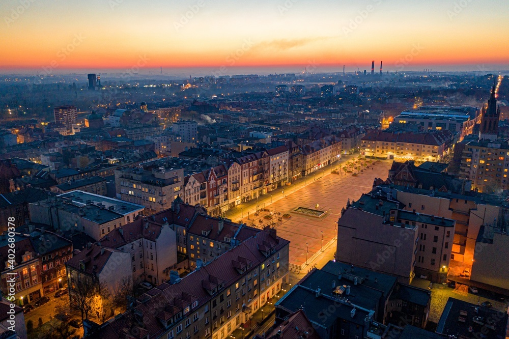 Aerial drone view on Bytom city at evening. Bytom, Silesia, Poland
