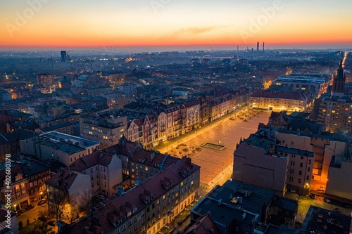 Aerial drone view on Bytom city at evening. Bytom, Silesia, Poland photo