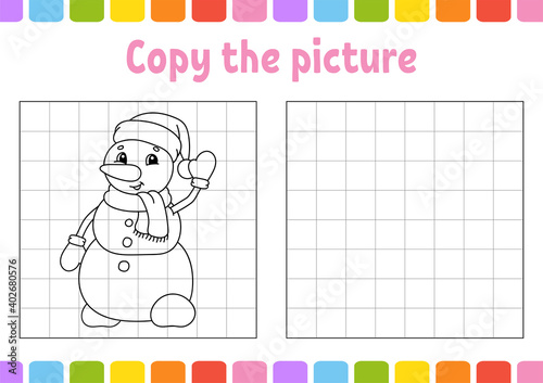 Copy the picture. Winter theme. Coloring book pages for kids. Education developing worksheet. Game for children. Handwriting practice. Funny character. Cute cartoon vector illustration.