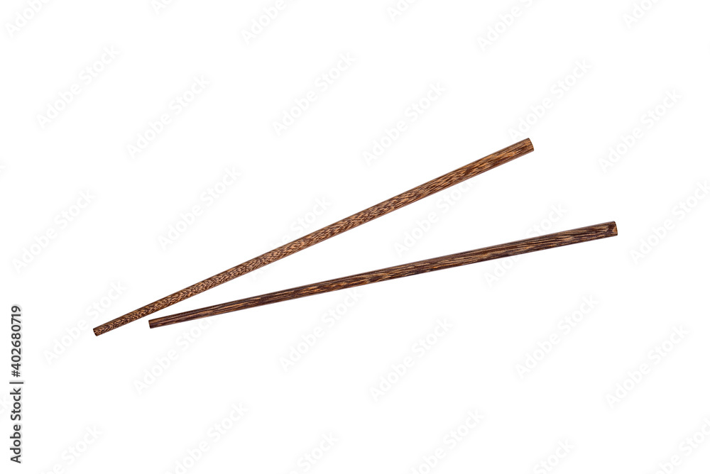 Top view of wooden chopsticks isolated on white background with clipping paths