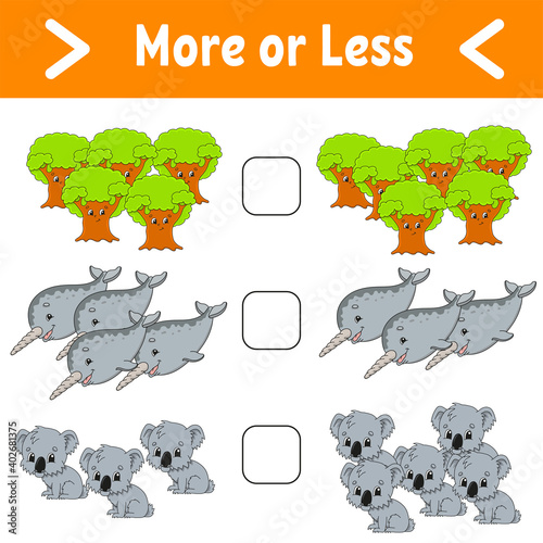 More or less. Educational activity worksheet for kids and toddlers. Isolated color vector illustration in cute cartoon style.