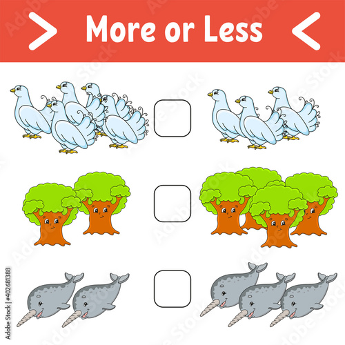 Fototapeta Naklejka Na Ścianę i Meble -  More or less. Educational activity worksheet for kids and toddlers. Isolated color vector illustration in cute cartoon style.