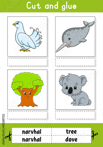 Cut and glue. Game for kids. Learn English words. Education developing worksheet. Color activity page. Cartoon character.