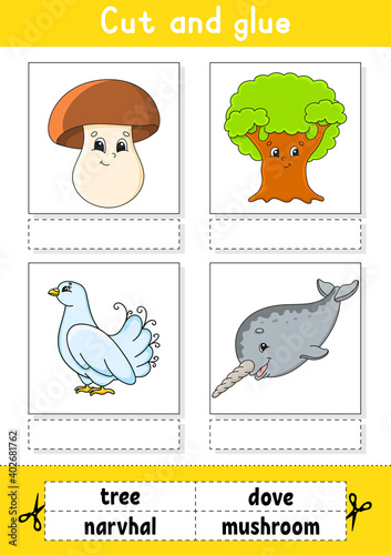Cut and glue. Game for kids. Learn English words. Education developing worksheet. Color activity page. Cartoon character.