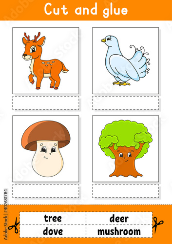 Cut and glue. Game for kids. Learn English words. Education developing worksheet. Color activity page. Cartoon character.