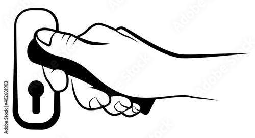 A hand holding a knob to open a door and exit. A stroke line on white background vector illustration, can be used as icon, symbol or logo.
