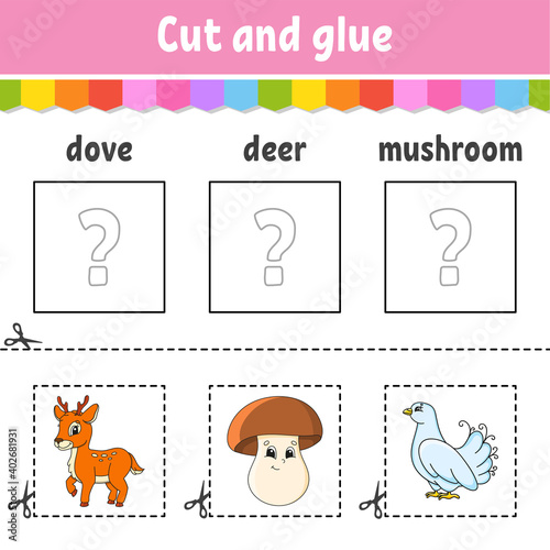 Cut and glue. Game for kids. Learn English words. Education developing worksheet. Color activity page. Cartoon character.