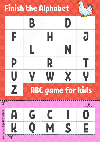 Finish the alphabet. ABC game for kids. Cut and glue. Education developing worksheet. Learning game for kids. Color activity page.